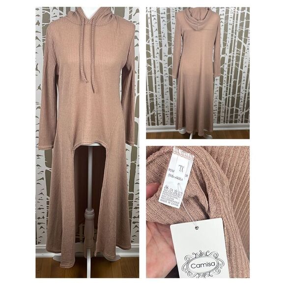 Camisa Nude Ribbed Knit Extreme Hi-Low Hem Hooded Sweater sz XL - Picture 1 of 12